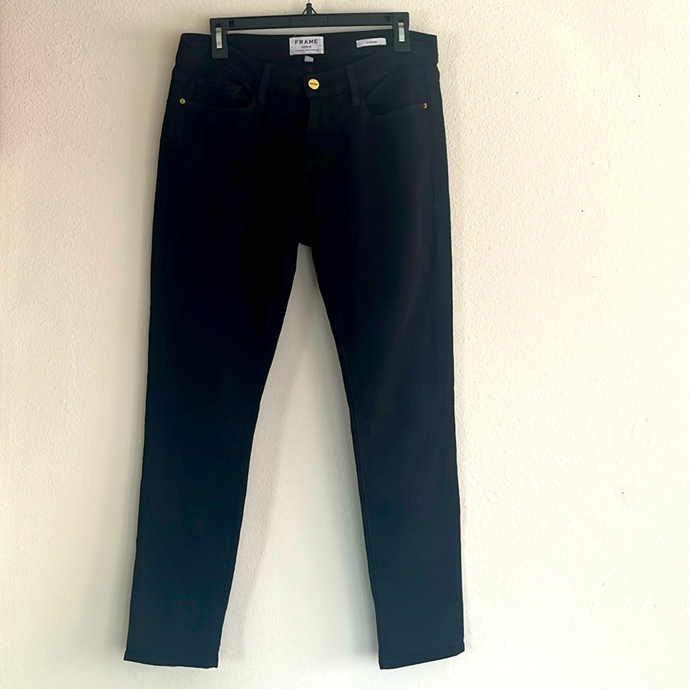 Black Frame “Le Garçon in Noir” boyfriend jeans with gold hardware